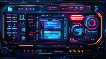 Obraz premium Futuristic control panel with glowing neon elements, displaying data in a high-tech environment
