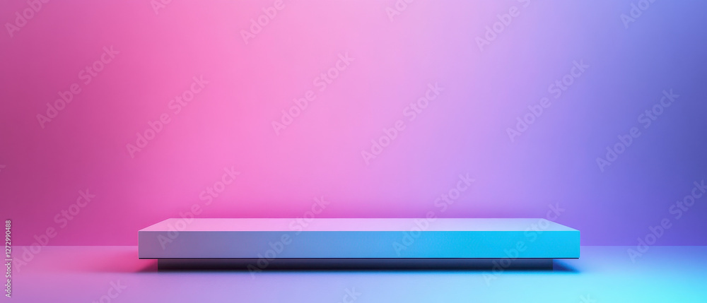 Poster minimalist display platform with gradient background in pink and blue hues, creating futuristic ambi
