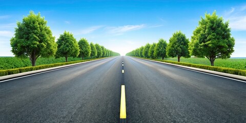 Fototapeta premium A pristine six-lane asphalt highway, with sidewalks, stretches to the horizon. High-resolution PNG, isolated background.