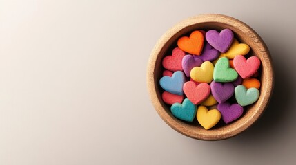 A modern flat-lay of a whimsical bowl filled with artistic, rainbow-hued hearts symbolizing connection, placed on a smooth neutral background.