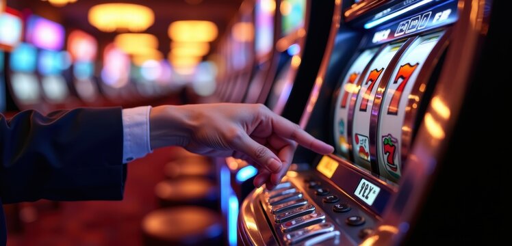 A close-up of a hand playing a slot machine in a vibrant casino setting, capturing the thrill of gaming and the allure of chance.