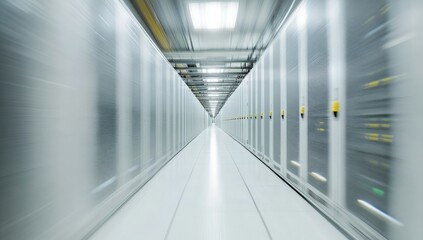 Server room corridor, fast motion, data center, network equipment