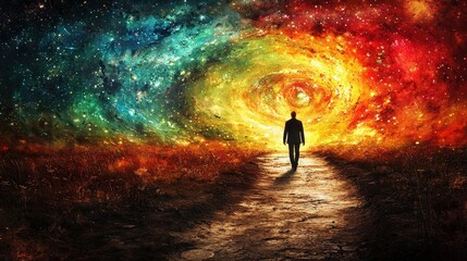 A man walking down a scenic path leading to a vibrant and colorful galaxy in the background
