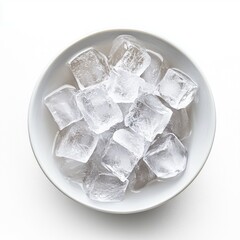 Ice cubes in white bowl, top view, plain background