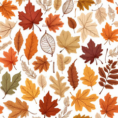Fototapeta premium A seamless repeat pattern featuring illustrated autumn leaves and twigs in warm fall hues. Perfect for wallpaper,