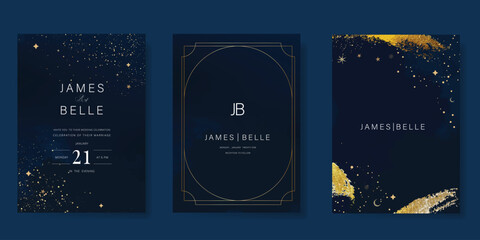 Luxury invitation card design vector set. Elegant wedding card with little star moon sun and space decorative on watercolor navy blue background. Design illustration for cover, poster, gala.