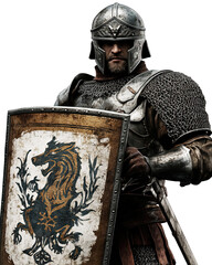 Heroic Medieval Fantasy Soldier with Ancient Shield and Battle Armor – Isolated White Background