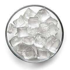 Glass bowl of ice cubes, overhead view, white background