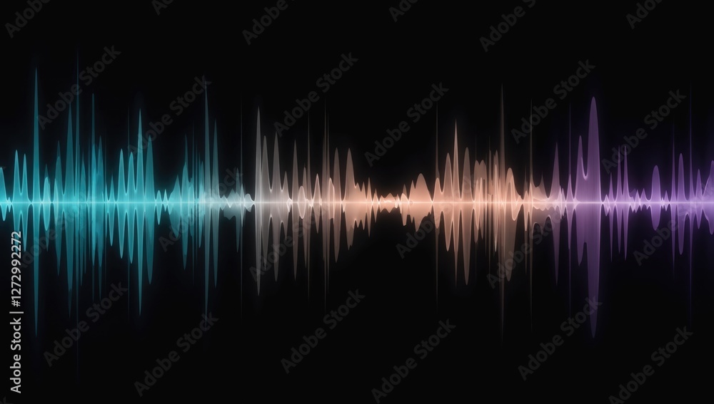 Poster vibrant soundwave spectrum: a dynamic and colorful soundwave pulsating against a deep, dark backdrop