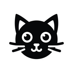 Black cat face vector logo icon, simple flat design on a white background, no shadow under the head of the black, cute kitten, vector illustration style, simple line art, symmetrical composition, logo