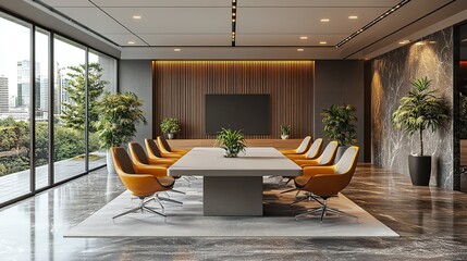 modern conference room interior featuring a large meeting table comfortable chairs gray slat accent wall and built in wooden storage cabinet 3d rendered visualization