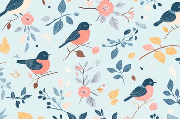 Whimsical Bird Pattern: Charming illustrated birds perched amidst a delicate floral and botanical arrangement in pastel tones, creating a delightful seamless pattern.