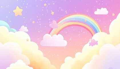 A Sky Full of Wonders:A whimsical pastel-colored illustration showcasing a rainbow, fluffy clouds, and twinkling stars, creating a sense of wonder and enchantment. 