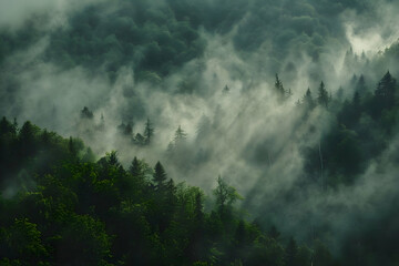 Obraz premium green forest with the fog creating a mystical ambiance as it settles gently between the towering trees