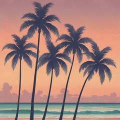 Obraz premium Silhouetted palm trees stand tall on a serene tropical beach at sunset, featuring a modern vintage color palette.