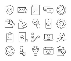 Checkmark icon set in simple thin line. Collection of approved icons. Vector illustration. Editable stroke