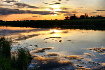 Golden Sunset Reflection Over a Serene Lake with Lush Greenery