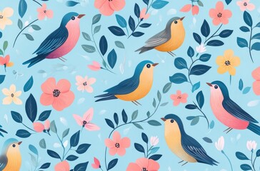 Whimsical Flight: A cheerful pattern of charming birds nestled amongst delicate flowers and foliage, offering a delightful visual symphony