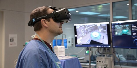 Virtual Reality Surgery: A surgeon utilizes virtual reality in a modern operating room setting, showcasing advanced technology's integration within the healthcare. 