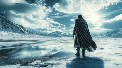 A lone figure in a flowing cloak stands by a frozen lake, gazing at the dramatic snowy landscape under a bright sky