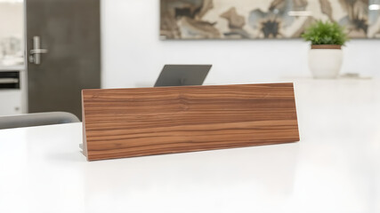 A wooden or metal nameplate mockup placed on an office desk or wall. The blank plate allows for custom text or logos. The setting is neutral and professional, with soft, clean lighting.