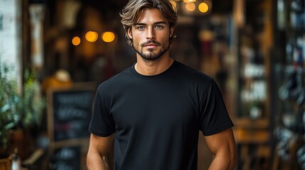 Fototapeta premium modern plain black t shirt mockup template in photo studio setting with male model front and back views stylish apparel mockup for fashion brand presentation