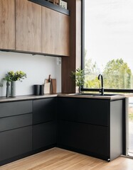 Panoramic black and wooden kitchen corner