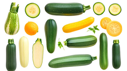 collection of zucchini and and marrow vegetables and white background ai generative