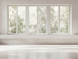 Fototapeta premium Modern interior with large windows showcasing natural light and greenery outside