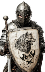 Heroic Medieval Fantasy Soldier with Ancient Shield and Battle Armor – Isolated White Background