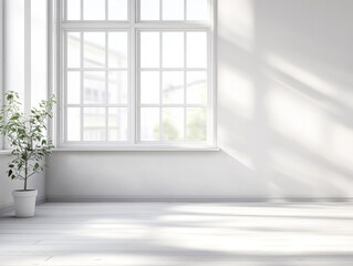Fototapeta premium Spacious interior with natural light filtering through large windows and a potted plant
