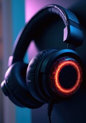 Gaming headset with vibrant LED lights in a modern setup at night
