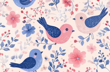 Obraz premium Enchanting Floral Birds: A charming composition features delightful birds perched amidst a vibrant floral arrangement, creating a whimsical and colorful scene