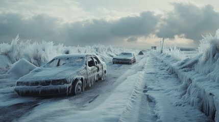Frozen landscape featuring abandoned cars covered in ice, with a cloudy sky and distant horizon