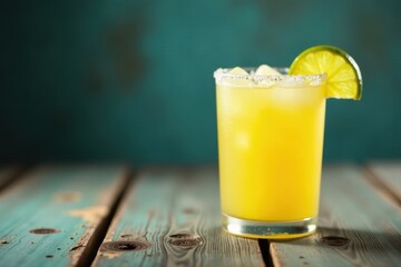 Refreshing Yellow Citrus Beverage with Ice and Lime Garnish on Rustic Wooden Table