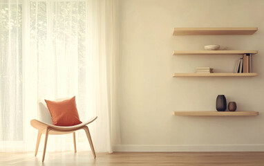 Fototapeta premium Cozy minimalist living room with wooden chair and shelves in bright sunlight