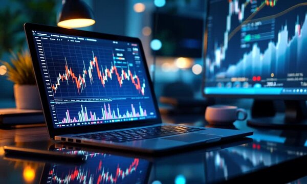 Night trading charts laptop desk