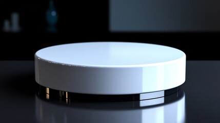 White Cylindrical Product Display Pedestal on a Dark Surface with Reflection