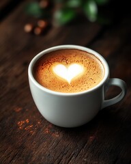 Obraz premium Rich coffee served in a white cup with heart-shaped froth on wooden table in a cozy cafe during morning hours