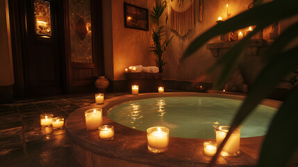Spa Setting with Glowing Candles and Pink Flowers ai generative