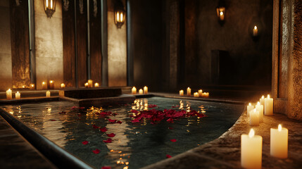 Spa Setting with Glowing Candles and Pink Flowers ai generative