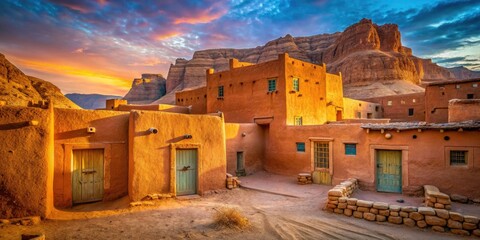 Fototapeta premium Discover Al Ula's stunning mud-brick architecture. Saudi Arabian heritage captured in breathtaking architectural photography.