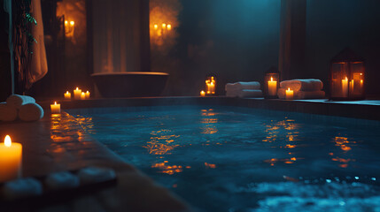 Spa Setting with Glowing Candles and Pink Flowers ai generative