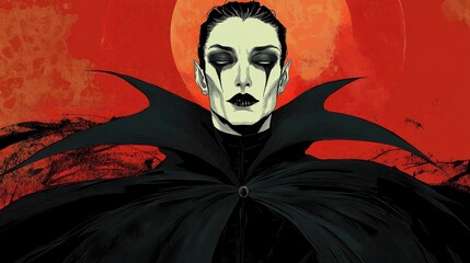 Mysterious Elegance: A captivating illustration of a woman with striking dark makeup, a dramatic cloak, and a serene expression against a crimson moon, blending elements of mystery and allure.