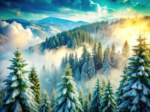 Double exposure unveils a magical winter: Ziria's frosted firs against a snowy Greek landscape.