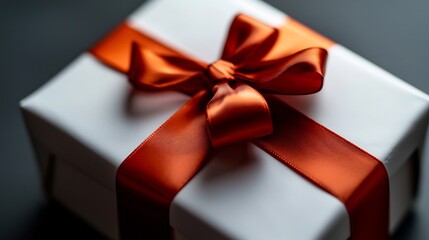White Gift Box with Red Ribbon Bow on Dark Background Presents Elegance