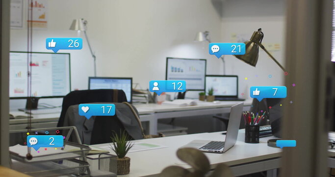Image of social media icons with growing numbers over office interior