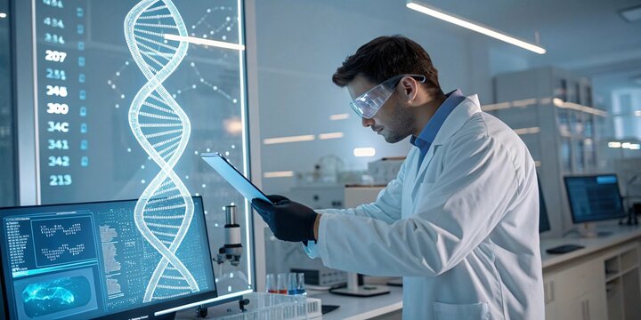 Scientific Breakthrough: A focused scientist meticulously analyzes a digital display showcasing a DNA double helix within a cutting-edge laboratory.