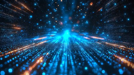 Obraz premium Abstract blue and orange glowing particles stream in cyberspace for future technology