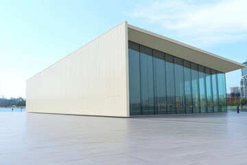 Modern architectural structure with large glass windows in urban setting during daylight